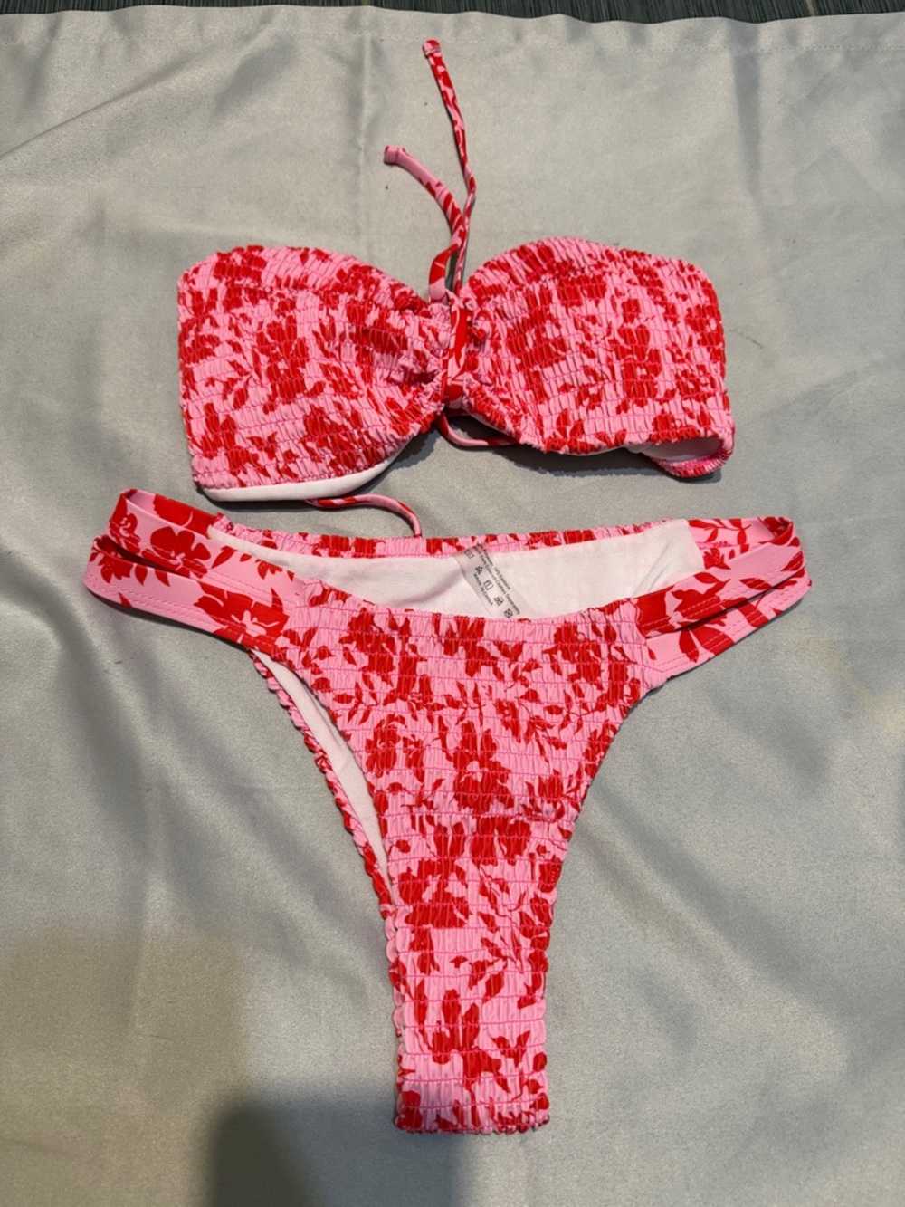 Pink and Red Floral Smocked Bandeau Bikini Set